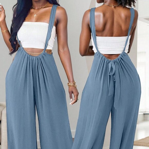 Pants - Baby Blue Casual Women's Summer Solid Color Back Knot Loose Jumpsuit